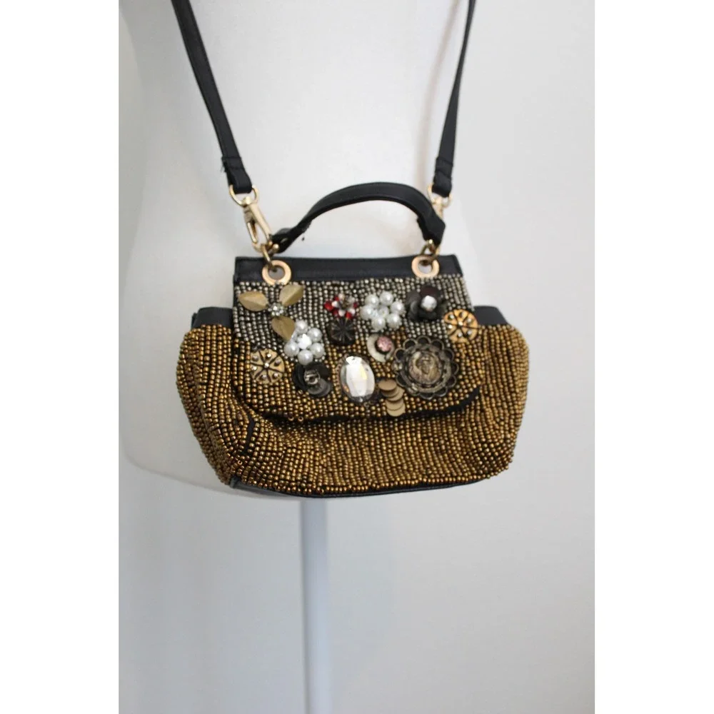 Free People Beaded Embellished Crossbody Bag Black Gold Pearl Crystal Boho Small